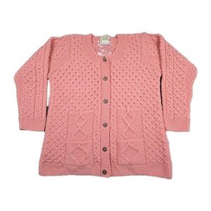 Kilronan Knitwear Merino Wool Cardigan Ireland NWT Pink‎ Cable Knit L